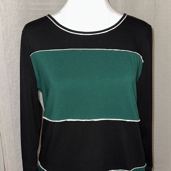 Ann Taylor L Black Winter Green White Crewneck Quarter Sleeve Cotton Blend Top - Picture 3 of 12
